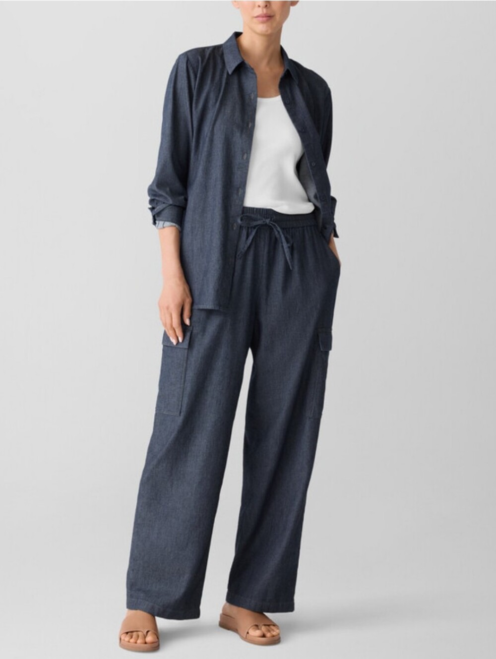 Eileen Fisher Airy Cotton Twill Cargo Denim Blue Pull On Pants #3910